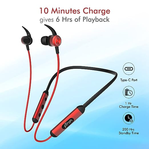 PTron Tangent Plus V2 with 18Hrs Playback & Type-C Fast Charging, Bluetooth 5.0 Wireless Headphones with Deep Bass, IPX4 Water Resistance, Snug-fit, Voice Assistance & Built-in Mic (Black & Red) PTron Tangent Plus V2 with 18Hrs Playback & Type-C Fast Charging, Bluetooth 5.0 Wireless Headphones with Deep Bass, IPX4 Water Resistance, Snug-fit, Voice Assistance & Built-in Mic (Black & Red)